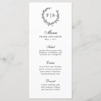 Traditional Black and White Monogram Wreath Menu