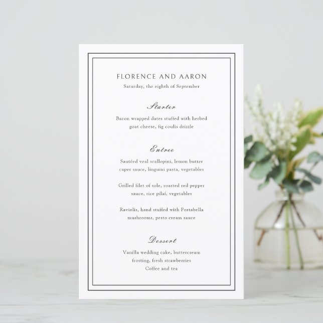 Traditional Black and White Timeless Wedding Menu (Standing Front)