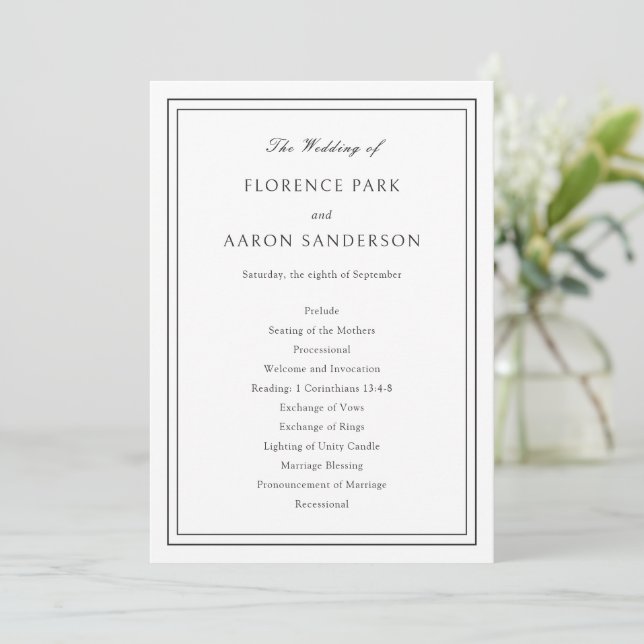 Traditional Black and White Timeless Wedding Program (Standing Front)