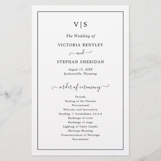 Traditional Black and White Wedding Program (Front)
