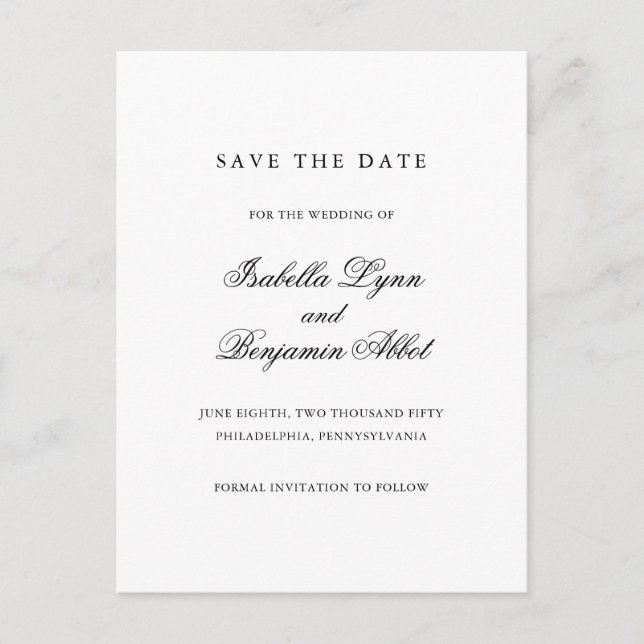 Traditional Black and White Wedding Save the Date Announcement Postcard (Front)