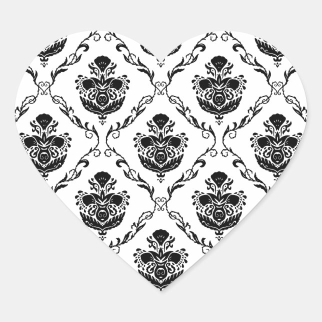 Traditional Black Damask Heart Sticker (Front)