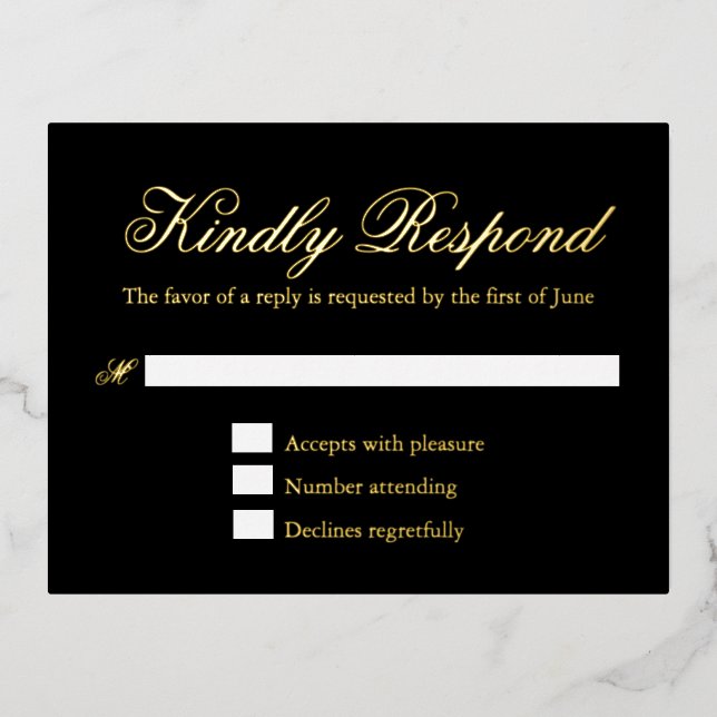 Traditional Black Formal Wedding Foil RSVP Card (Front)