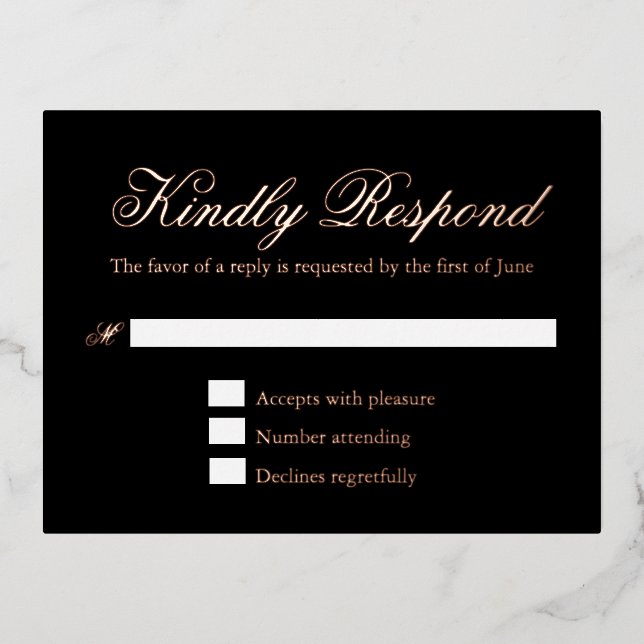 Traditional Black Formal Wedding Foil RSVP Card (Front)