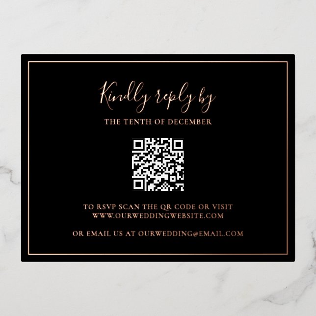 Traditional Black QR Code Wedding Foil RSVP Card (Front)