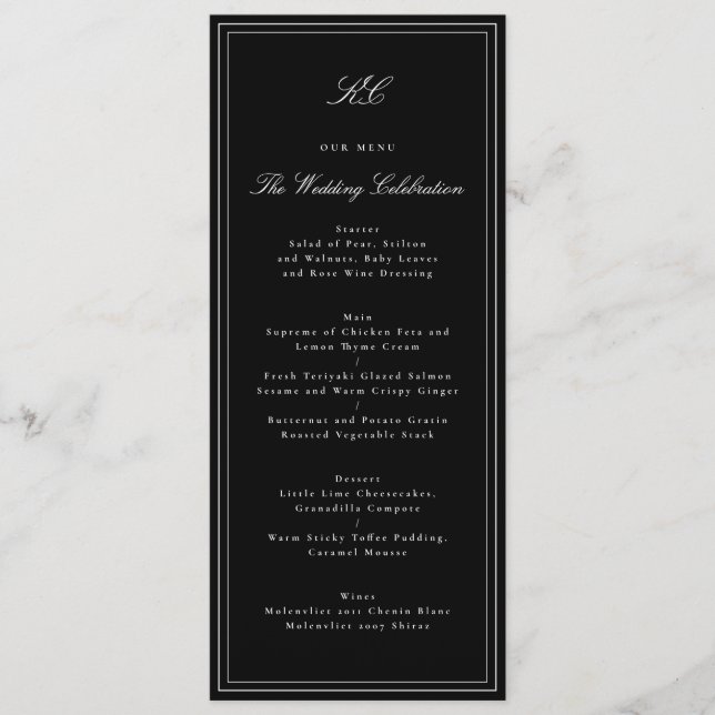 Traditional Black & White Monogram Wedding Menu (Front)