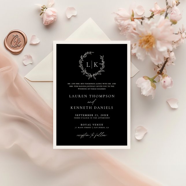 Traditional Black White Monogram Wreath Wedding  Invitation (Creator Uploaded)