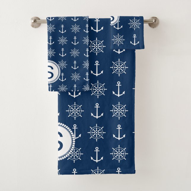 Traditional Blue and White Nautical Design Bath Towel Set (Insitu)