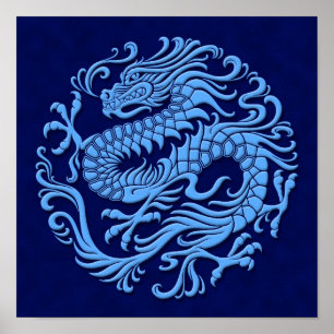 Traditional Blue Chinese Dragon Circle Poster