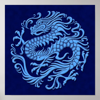 Traditional Blue Chinese Dragon Circle Poster