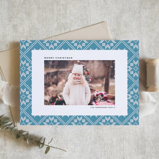 Traditional Blue Fair Isle Knit Christmas Photo Holiday Card (Blue Fair Isle Sweater Knit Pattern Photo Christmas Holiday Card)