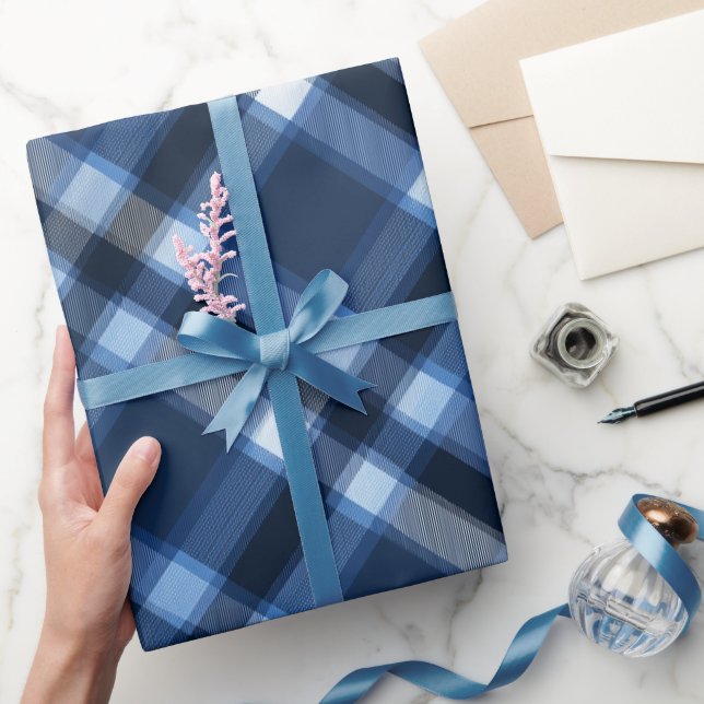 Traditional Blue Navy Check Sky Plaid Pattern Wrapping Paper (Gifting)