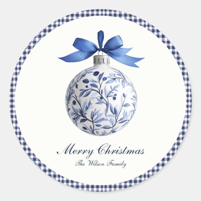 Traditional Blue Ornament Christmas Classic Round Sticker (Front)