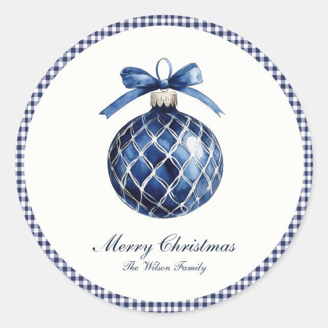 Traditional Blue Ornament Christmas Classic Round Sticker (Front)