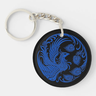 Traditional Blue Phoenix Circle on Black Key Ring