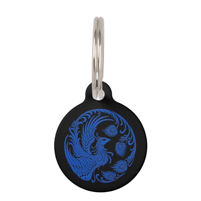 Traditional Blue Phoenix Circle on Black Pet Tag (Front)