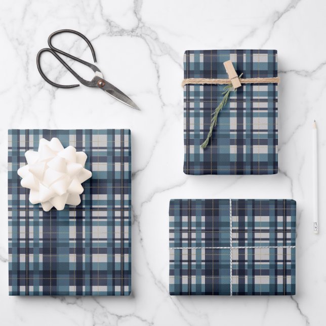 Traditional blue teal gold white madras plaid wrapping paper sheet (Front)