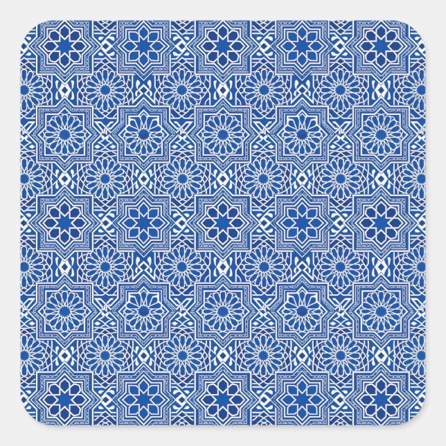 Traditional Blue Tile Geometric Pattern Square Sticker (Front)