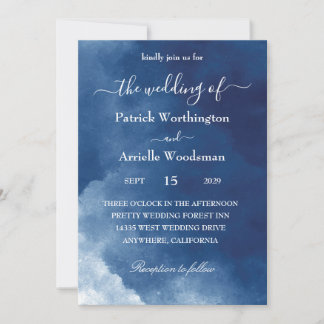 traditional blue watercolor wedding invitation