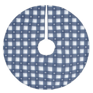 Traditional blue white gingham plaid snowflakes brushed polyester tree skirt