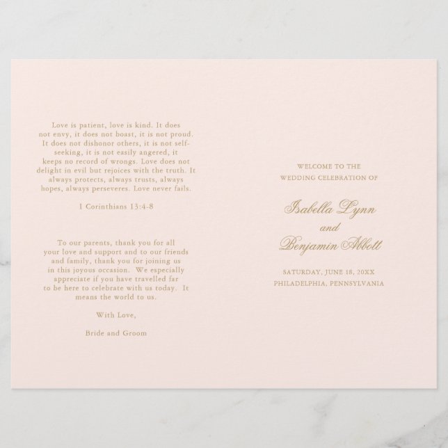 Traditional Blush Pink Formal Wedding Program (Front)