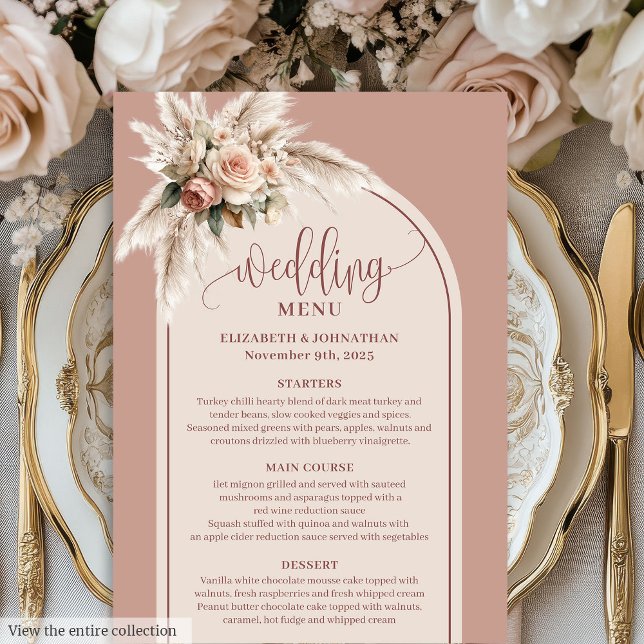 Traditional Boho Dusty Pink Pampas Floral Wedding  Menu (Traditional Boho Dusty Pink Pampas Floral Wedding Menu)