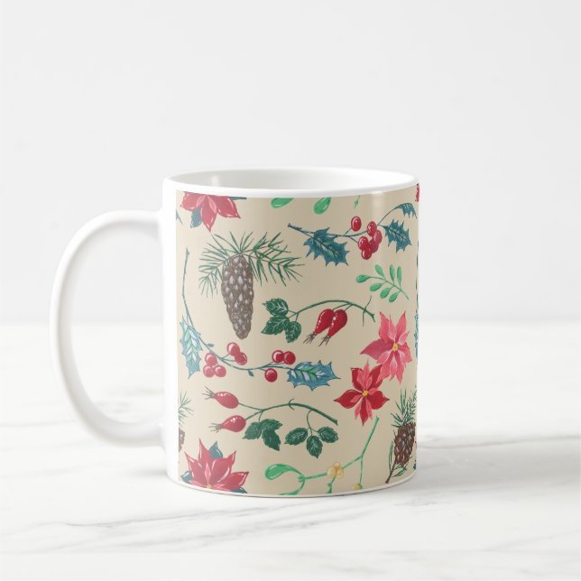 Traditional Botanical Christmas (beige) Coffee Mug (Left)