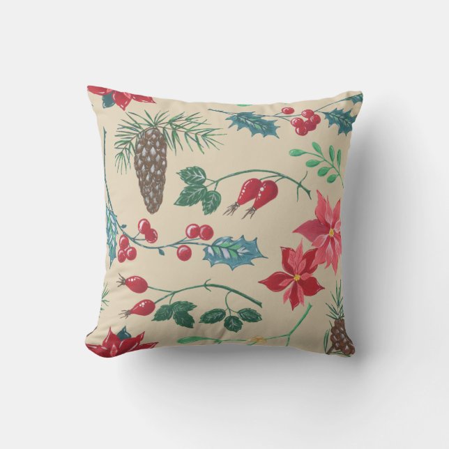 Traditional Botanical Christmas (beige) Cushion (Front)