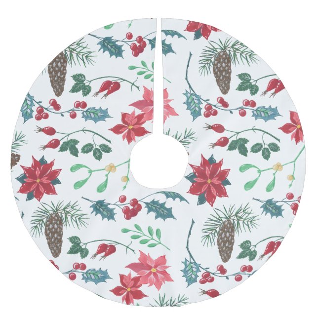 Traditional Botanical Christmas Brushed Polyester Tree Skirt (Front)