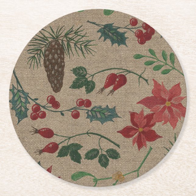 Traditional Botanical Christmas Round Paper Coaster (Front)