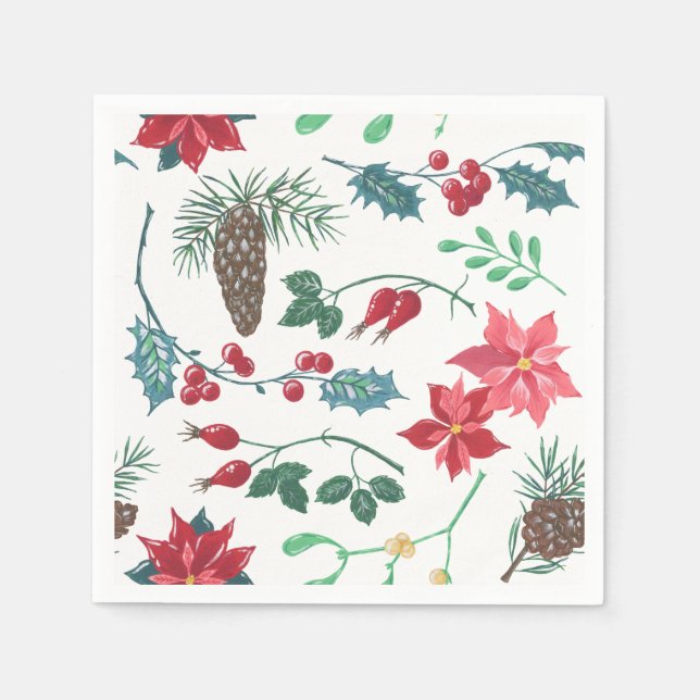 Traditional Botanical Christmas (white) Napkin (Front)