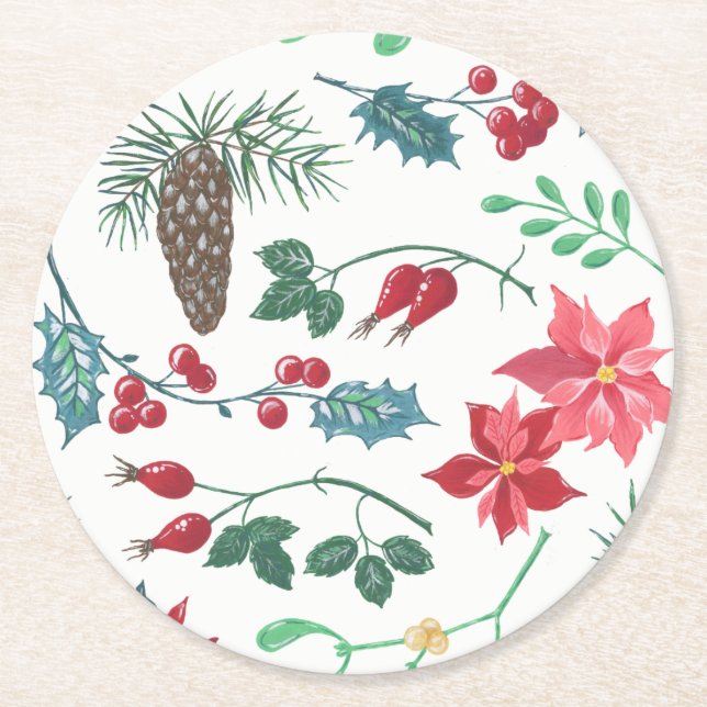 Traditional Botanical Christmas (white) Round Paper Coaster (Front)