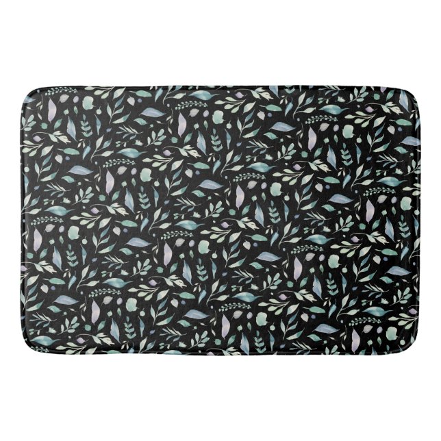 Traditional Botanical Leaf Pattern Blues on Black Bath Mat (Front)