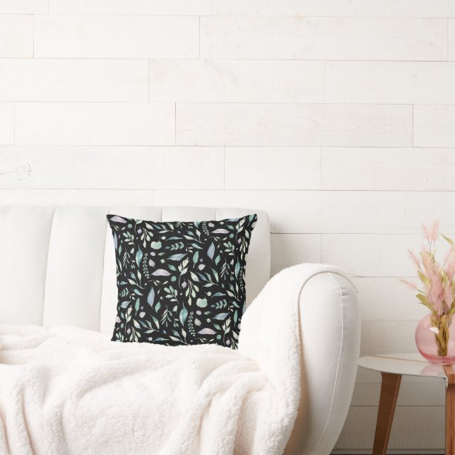 Traditional Botanical Leaf Pattern Blues on Black Cushion (Couch)