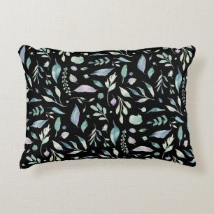 Traditional Botanical Leaf Pattern Blues on Black Decorative Cushion