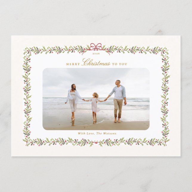 traditional bow christmas botanical 2 photo frame  holiday card (Front)