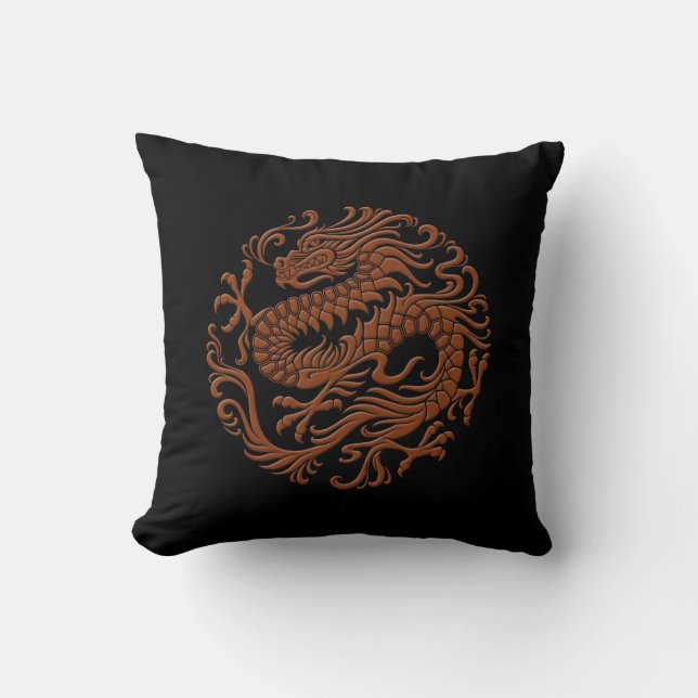 Traditional Brown and Black Chinese Dragon Circle Cushion (Front)