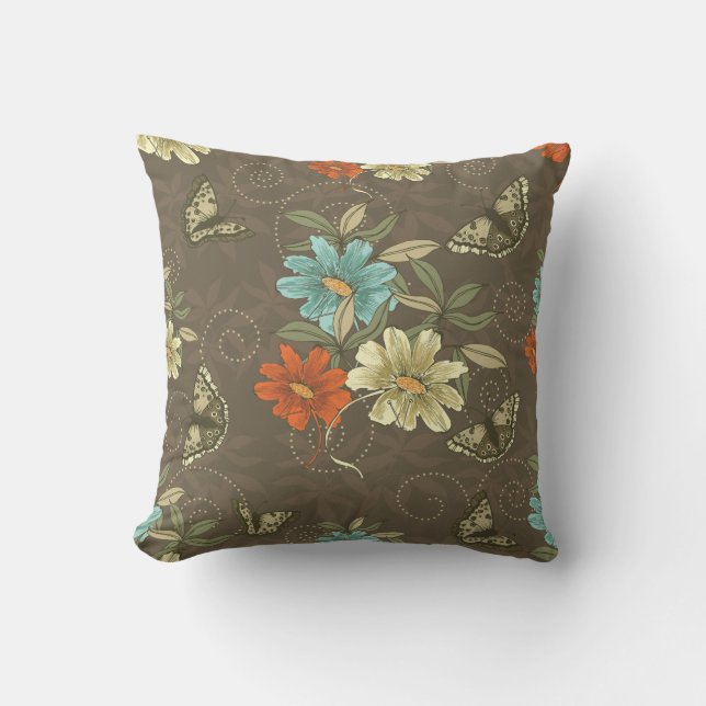 Traditional Brown Flowers Butterflies Throw Pillow (Front)