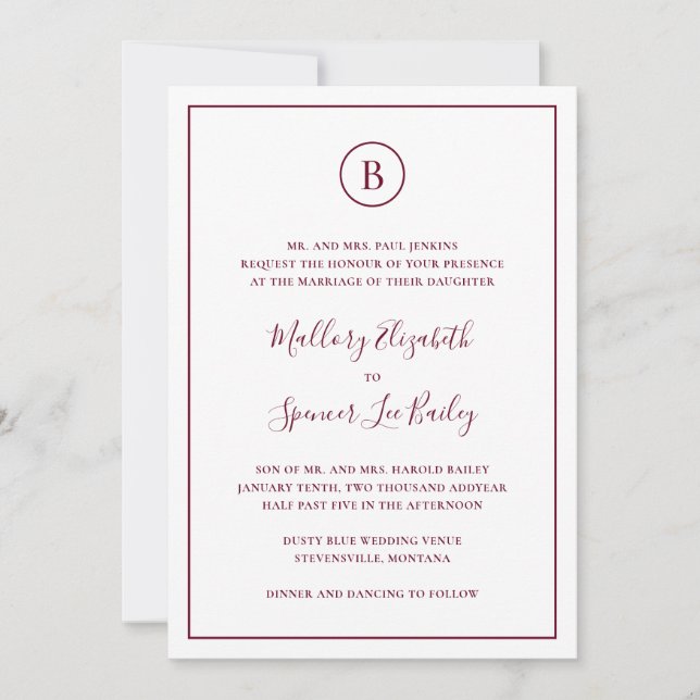 Traditional Burgundy Elegant All In One Wedding Invitation (Front)