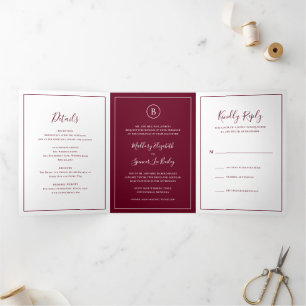 Traditional Burgundy Elegant Wedding Tri-Fold Invitation