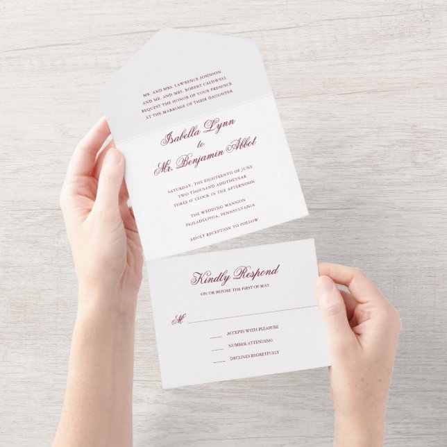 Traditional Burgundy Formal Elegant Wedding All In One Invitation (Tearaway)
