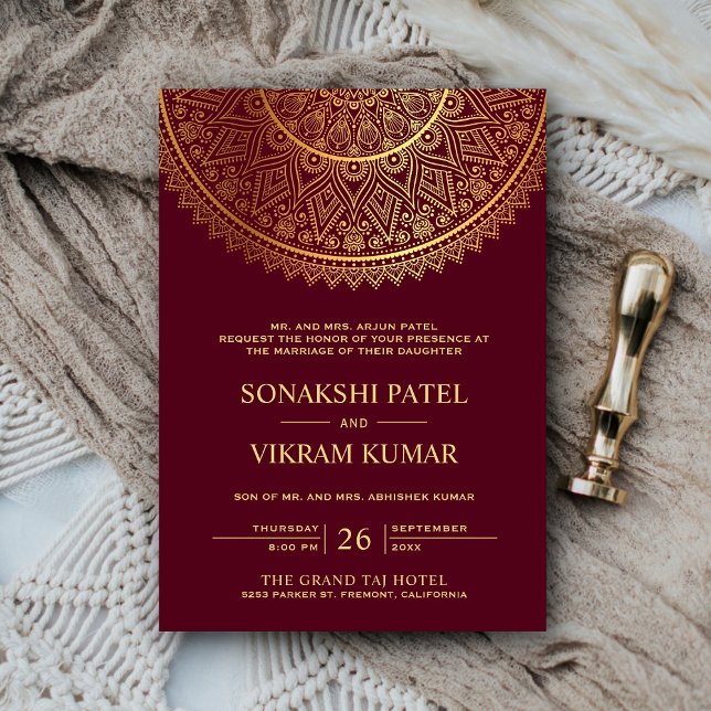 Traditional Burgundy Gold Mandala Indian Wedding Invitation (Creator Uploaded)
