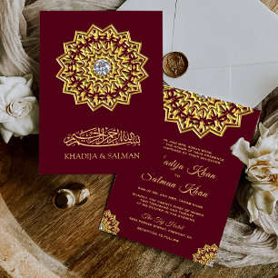Traditional Burgundy Gold Motif Islamic Wedding Invitation