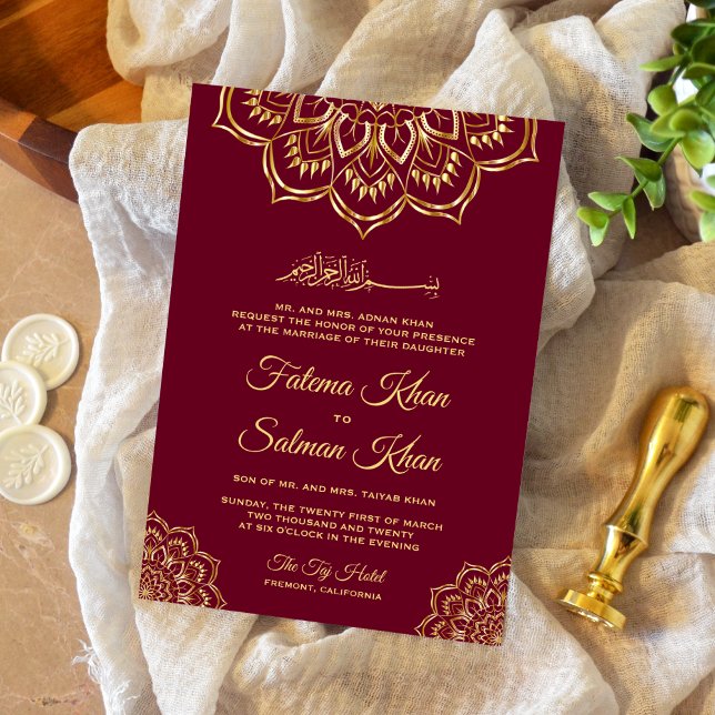 Traditional Burgundy Gold Motif Islamic Wedding Invitation (Creator Uploaded)