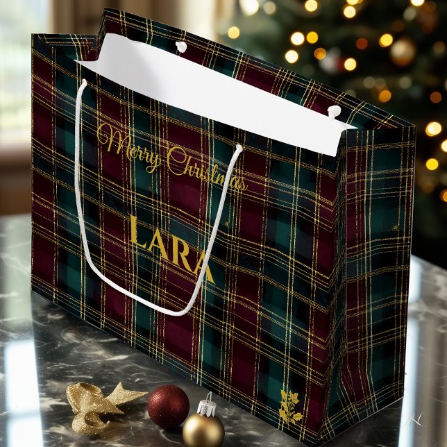 Traditional Burgundy, Green, and Gold Plaid Custom Large Gift Bag (Creator Uploaded)