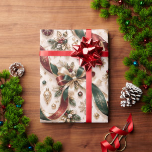 Traditional Burgundy Green Christmas Ribbons Wrapping Paper