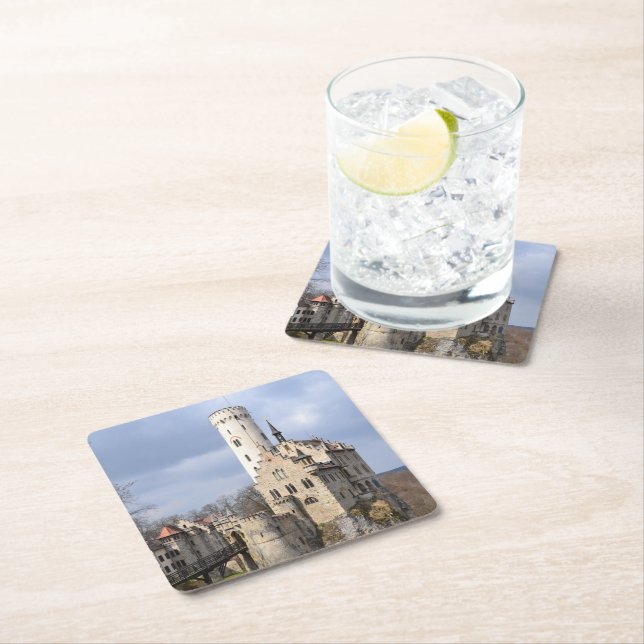 Traditional Castle on Cliff on Cloudy Day Square Paper Coaster (Insitu)