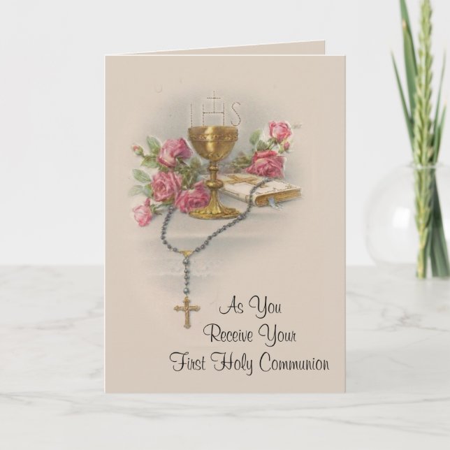Traditional Catholic First Holy Communion Holiday Card (Front)