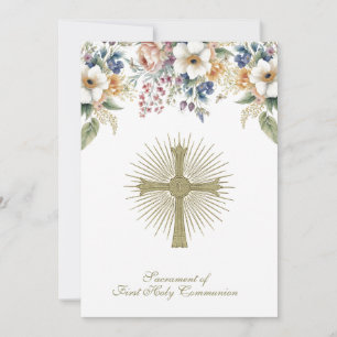 Traditional Catholic Holy Communion Floral Cross Invitation
