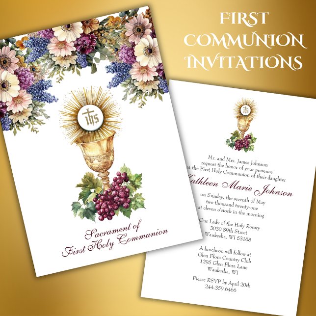 Traditional Catholic  Holy Communion Floral  Invitation (Creator Uploaded)